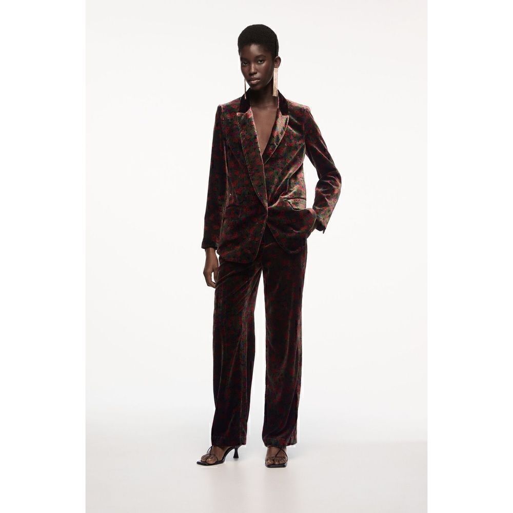 Zara Black & Red Floral Velvet Printed The Charlotte Flare Pants Size Large